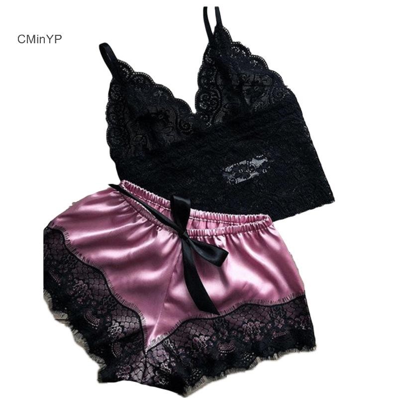 Cminyp 1 Bộ Đồ Ngủ Nữ Ren Babydoll Crop Top Quần Short Váy Ngủ