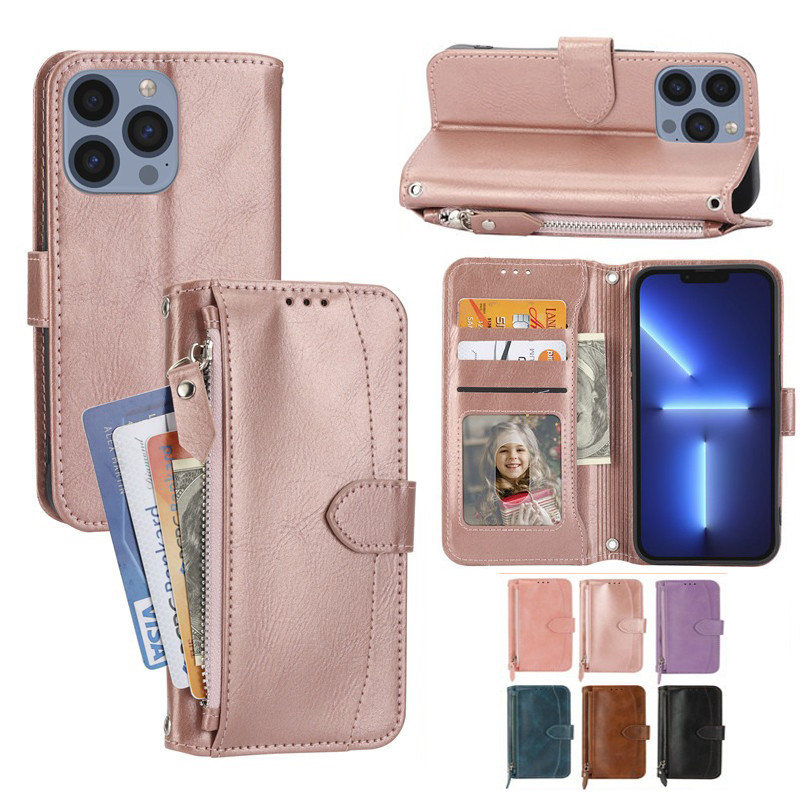 Dành Cho IPhone 16E 16 15 14 Plus 13 12 11 Pro Max Nâu Họa Tiết Da Sang Trọng Dây Kéo Lật Bao Da Đứng Ví Điện Thoại