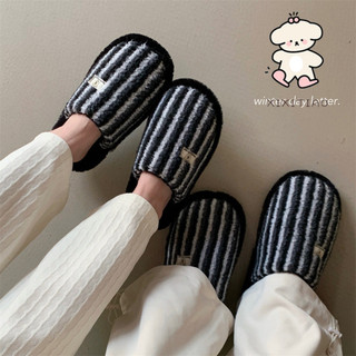 Xixitiao Phong Cách Mới Ấm Áp Sang Trọng Nhà Cặp Đôi Thu Đông Tương Phản Màu Sọc Cotton Dép Nam Nữ