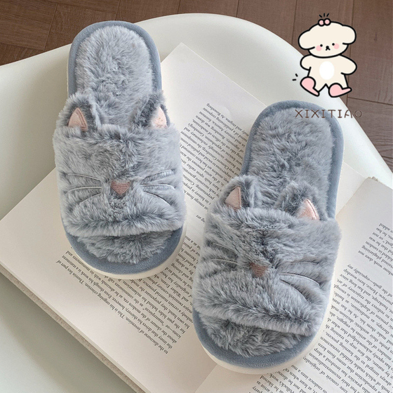 Xixitiao Dép Nữ Hoạt Hình Dễ Thương Ấm Áp Đế Mềm Mèo Con Nhà Trong Nhà