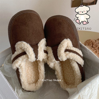 Xixitiao2024 Phong Cách Mới Thời Trang Phong Cách Retro Lông Cừu Birkenstock Giày Thu Đông Ấm Áp Trong Nhà Thoải Mái Đế Mềm Confinement Giày Cotton Nữ