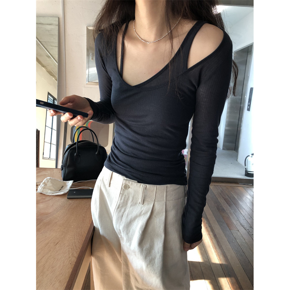 SUXI Áo thun dài tay màu trơn đơn giản dành cho nữ mùa xuân 250310
