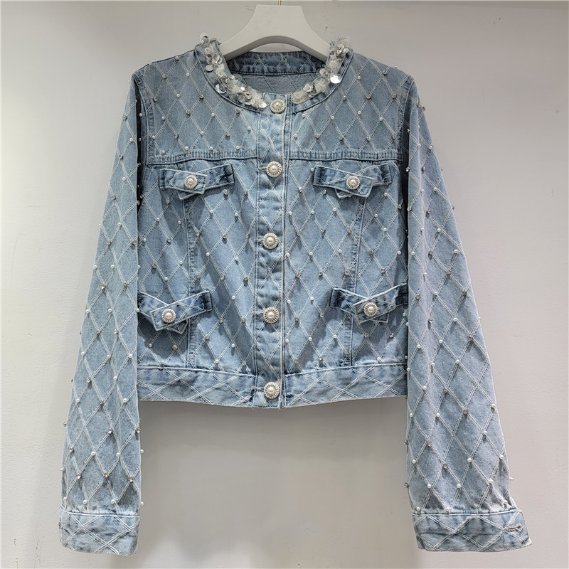 Ga Châu Âu Xuân Thu 2025 Phong Cách Mới Kim Cương Checkered Công Nghiệp Nặng Đính Hạt Denim Áo Khoác Nữ Dạo Phố Phù Hợp Với Áo Khoác Rời