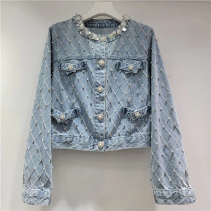 Ga Châu Âu Xuân Thu 2025 Phong Cách Mới Kim Cương Checkered Công Nghiệp Nặng Đính Hạt Denim Áo Khoác Nữ Dạo Phố Phù Hợp Với Áo Khoác Rời