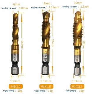 Mũi khoan taro tạo ren HSS từ M3 - M10 phủ titalium, chuôi lục giác chuẩn 6.35mm