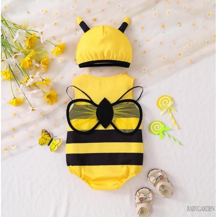 / / -Baby Girls Bee Trang phục sọc cổ tròn không tay áo liền quần + Mũ + Cánh