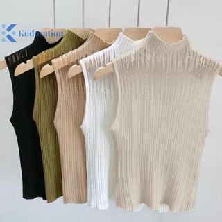 Kudosation Mùa Hè Hàn Quốc Nửa Cổ Rùa Rỗng Dệt Kim Áo Vest Nữ Màu Trơn Không Tay Slim Tank Top Đẹp