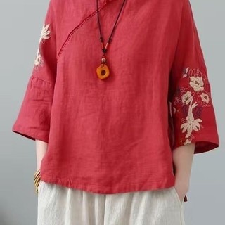 24.4.12 Tencel Cotton Linen Top Nữ Thời Trang Thêu Ngắn Cao Cấp Văn Học Nữ Phong Cách Trung Hoa Retro