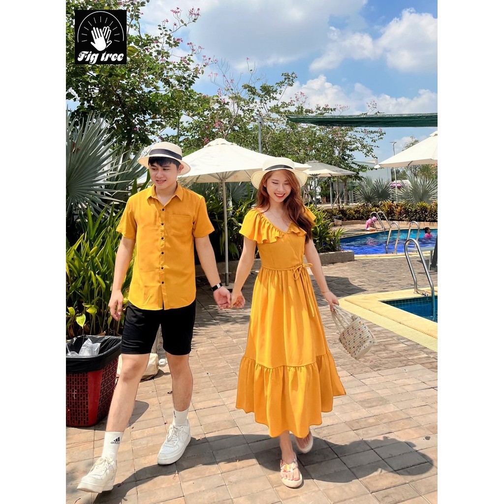 Đồ Đôi - Áo Váy Đôi Fig Tree Màu Vàng Đũi Trơn Cao Cấp Tươi Sáng Hot New (Hàng thiết kế full size)