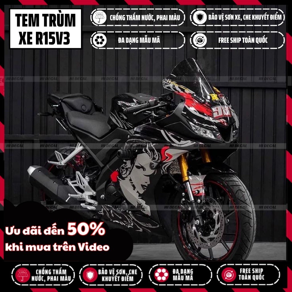 Tem trùm R15v3 màu đen huyền bí | Mẫu R15H008 | Decal cao cấp, bảo hành 3 năm