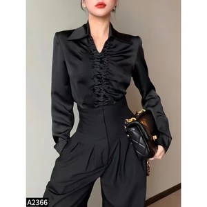 Set bộ áo sơ mi lụa phối quần ống rộng cạp cao vải chéo Hàn A2366