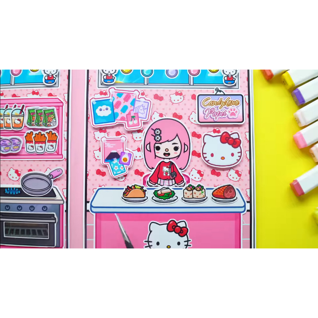 ĐỒ CHƠI NGÔI NHÀ BÚP BÊ GIẤY CẮT THỦ CÔNG DIY - Ngôi nhà của bé Hello Kitty Pink House In Quiet Book