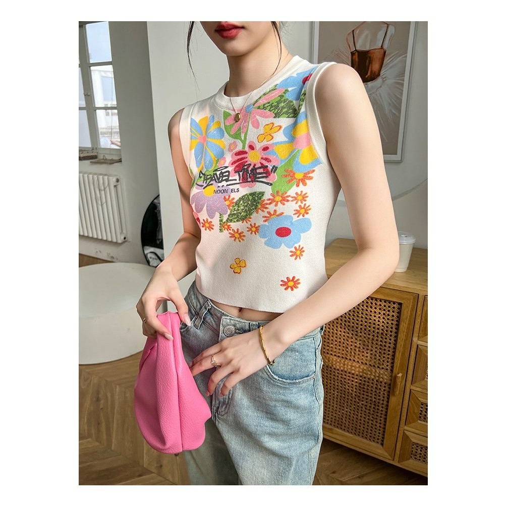 Milyfashion Trung Quốc Mới Graffiti Hoa In Áo Vest Không Tay Mùa Hè Phong Cách Mới Thiết Kế Độc Đáo Độc Đáo Tất Cả Trận Đấu Ngắn Top Hợp Thời Trang