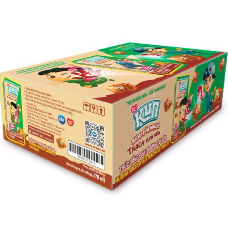 Thùng 48 hộp x170ml sữa trái cây thạch vị cam, vị socola lúa mạch Kun (Có  Quà Tặng)
