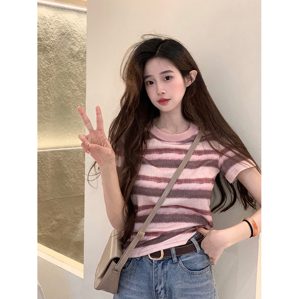 Suxi Áo thun ngắn tay cổ tròn sọc cotton mới 240604
