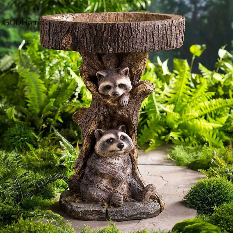 Gcdhome Nhựa Raccoon Birdbath Polyresin Vườn Cổ Chim Tắm Cho Vườn Nhà HOT