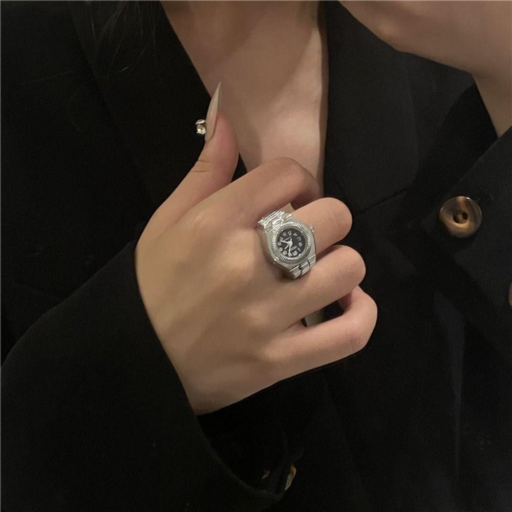 Nhẫn đồng hồ đeo tay SUNKISSD, Đồng hồ đeo tay co giãn bằng hợp kim Nhẫn đôi, Nhẫn đồng hồ thạch anh La Mã sáng tạo Mini