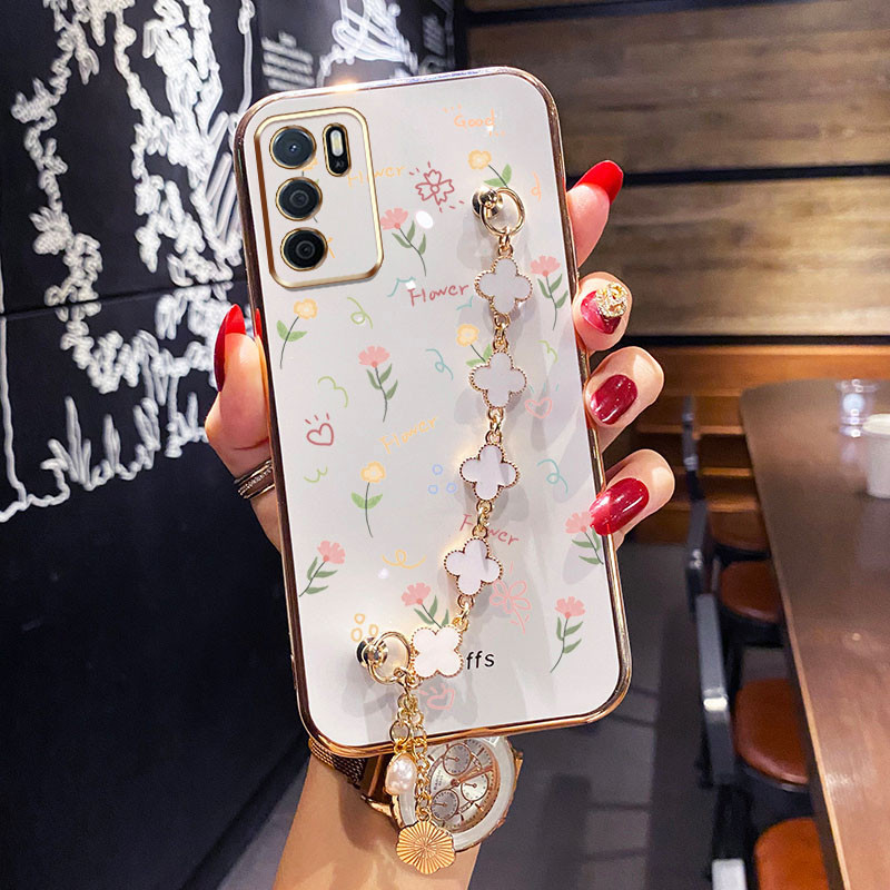 Ốp Điện Thoại Hoa Toàn Màn Hình Mạ Điện YBD Cho OPPO Reno 12 Pro Reno 12F Realme C65 4G A3 Pro (Ấn Độ) Với Vòng Tay Cỏ Bốn Lá