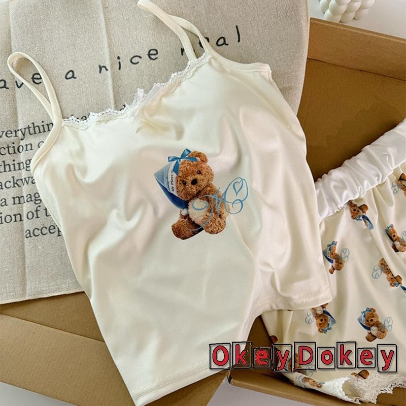Okdk-áo ren in hình gấu mùa hè dành cho nữ với quần short lưng co giãn
