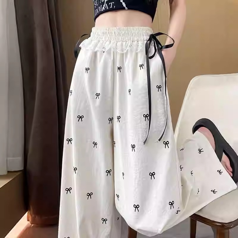Quần ống rộng phối ren nơ cho phụ nữ, eo cao, dáng rộng, giảm cân, quần dài thoải mái