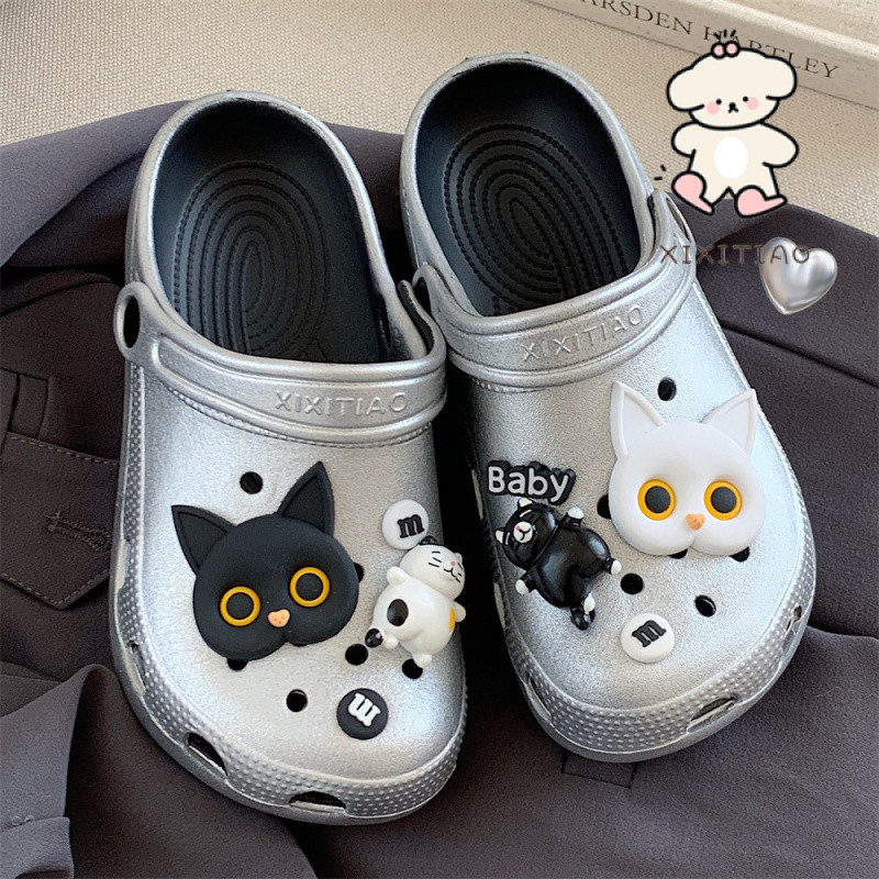 Xixitiao Sandal Ngoài Trời Hoạt Hình Dễ Thương Đen Trắng Mèo Con Mùa Hè Phong Cách Mới Đế Mềm Bạc Nam Nữ