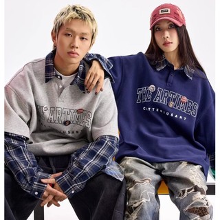Áo nỉ nam ESEA kiểu Mỹ cổ điển dáng rộng phong cách hip-hop cổ gấp áo nỉ hai mảnh giả