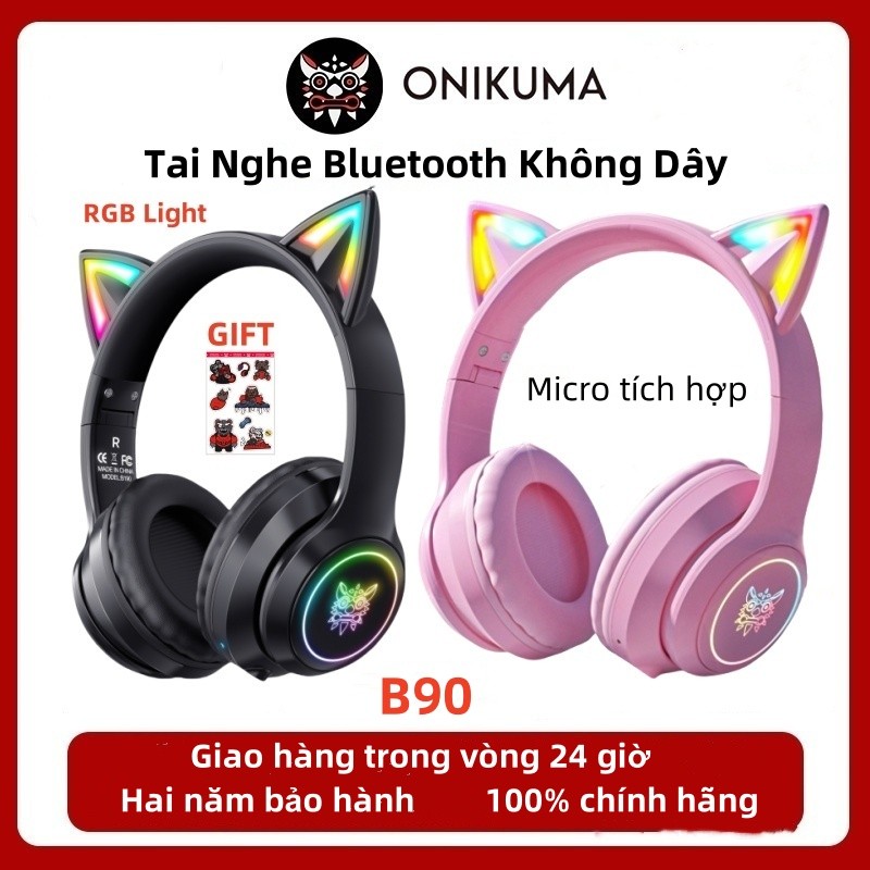 Tai nghe chụp tai ONIKUMA B90 mèo không dây 5.0 thiết kế tai mèo màu hồng có micro đèn RGB cho PC laptop