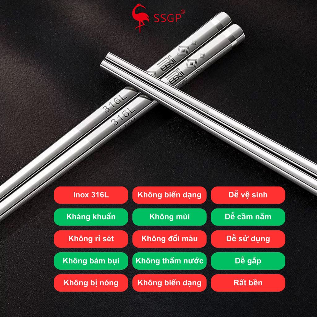 [Combo 5 đôi] Đũa inox 316 Family cao cấp SSGP, chống trơn trượt, bộ 5 đôi, kháng khuẩn, an toàn 304