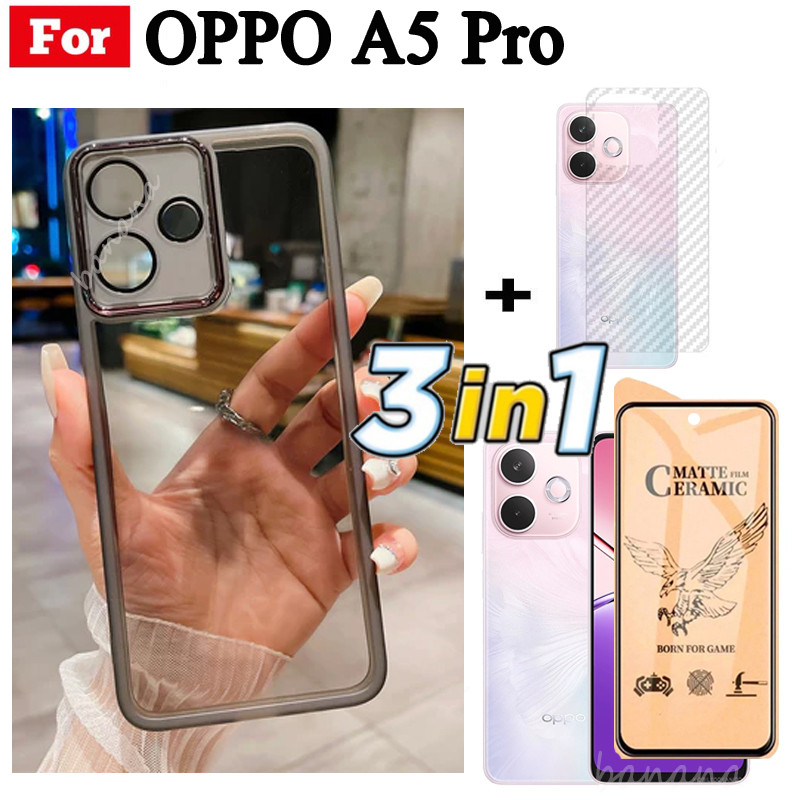 Ốp điện thoại trong suốt bằng silicon mềm TPU 3 trong 1 OPPO A5 Pro A58 4G 5G A3X có vỏ bảo vệ Camera + Kính cường lực riêng tư + Phim mặt sau