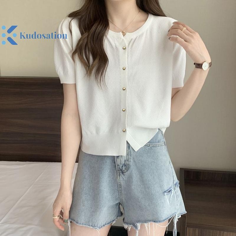 Kudosation Thời Trang Cổ Tròn Nút Dệt Kim Tay Ngắn Cardigan Áo Thun Nữ Đẹp