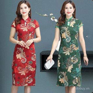 Đầm ngắn tay cheongsam cải tiến mùa hè cho phụ nữ, phong cách Trung Quốc mới, retro, ôm sát, in họa tiết, đầm midi
