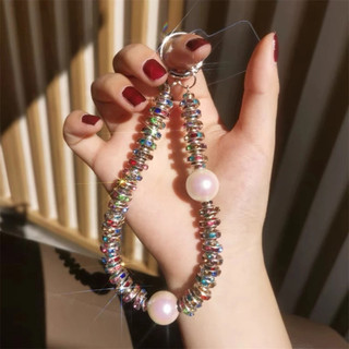 Dây chuyền điện thoại đính cườm sang trọng Ngọc trai pha lê, dây đeo cổ tay mini, mặt dây đeo máy ảnh, chống mất