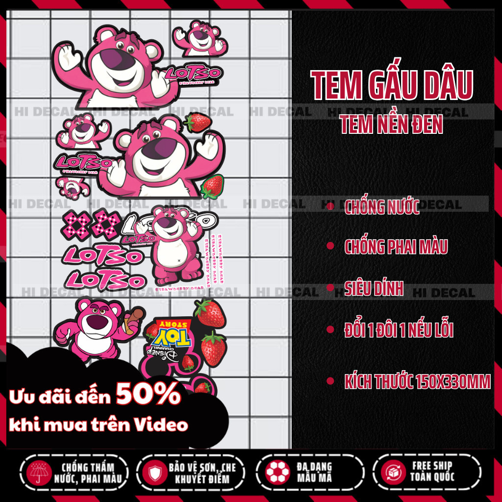 Tem Gấu Dâu Losto dán xe, trang trí ipad, điện thoại | TMN-H005 | Decal cao cấp chống nước, chống phai màu