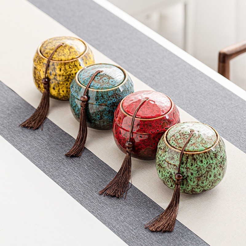 Hũ, Bình Đựng Trà Bằng Sứ Cảnh Đức Men Thiên Mục Hỏa Biến (cỡ lớn, rất khít)