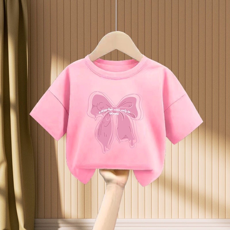 Áo Thun Hàn Quốc Quần Áo Trẻ Em Ngọt Nơ In Hình Mùa Hè Tay Ngắn Áo Thun Unisex Bé Gái Bé Trai Thời Trang Áo Quần Áo 0-12 Tuổi