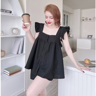 (40-55kg)Bộ đồ ngủ đùi cổ vuông tay cánh tiên nút bọc chất đũi gân cao cấp mềm mát quần đùi áo bèo .