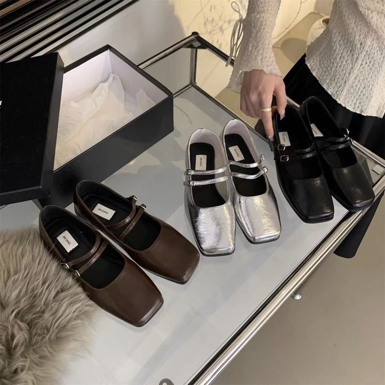 Pháp Mũi Vuông Flat Buckle Dây Đeo Thấp Gót Flat Loafers PU Cao Cấp Chống Trơn Trượt Niche Thời Trang Phù Hợp Với Váy Thanh Lịch Thấp Gót Đế Bằng Giày Nữ