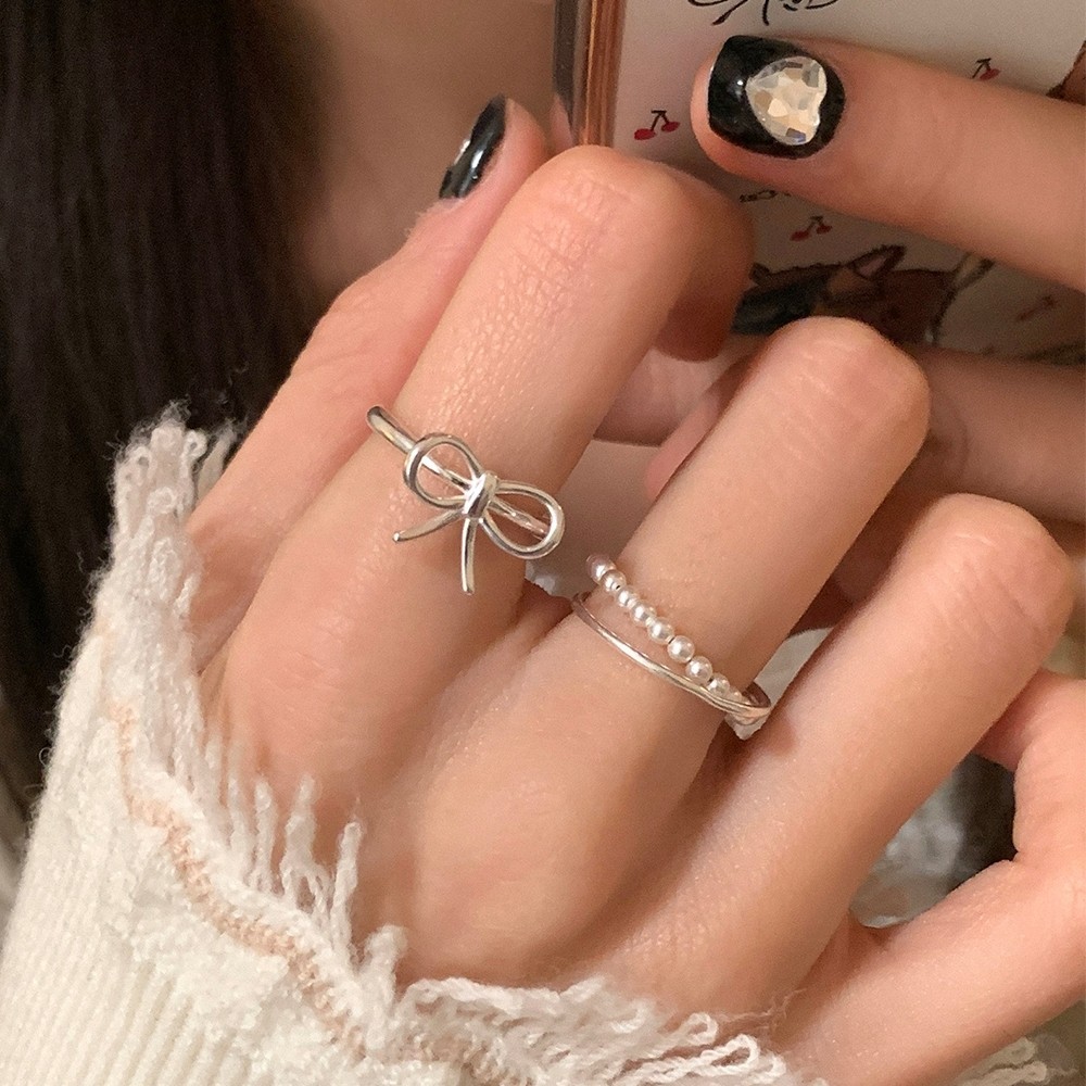 Nhẫn mở có thể điều chỉnh - Nhẫn nơ ngọc trai - Nhẫn tinh tế Y2K - Nhẫn mỏng thanh lịch - Hàn Quốc, Thời trang, Đơn giản - Phụ kiện trang sức - Nhẫn ngọc trai không đều - dành cho nữ