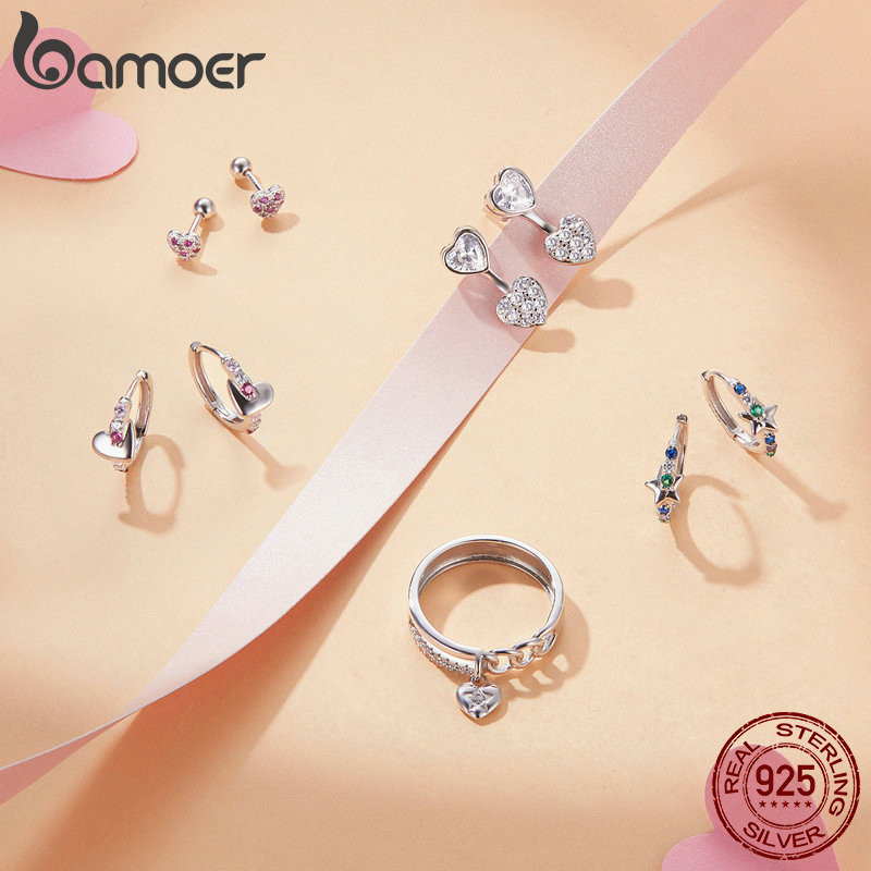 Bamoer 925 Sterling Sliver Bông Tai Hình Trái Tim Cầu Vồng Trang Sức Quà Tặng Cho Nữ