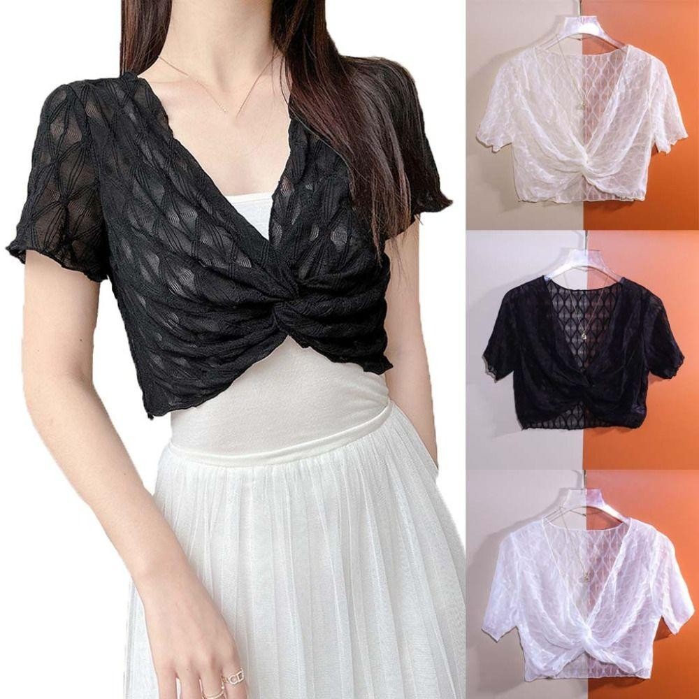 Áo Chui Đầu Ren CHIPHIVE lưới cổ chữ V rỗng crop top sọc thời trang, phù hợp cho kỳ nghỉ và bảo vệ khỏi ánh nắng