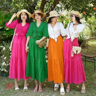 SET ÁO SƠ MI CROPTOP CHÂN VÁY MAXI TƠ ĐŨI CAO CẤP VN