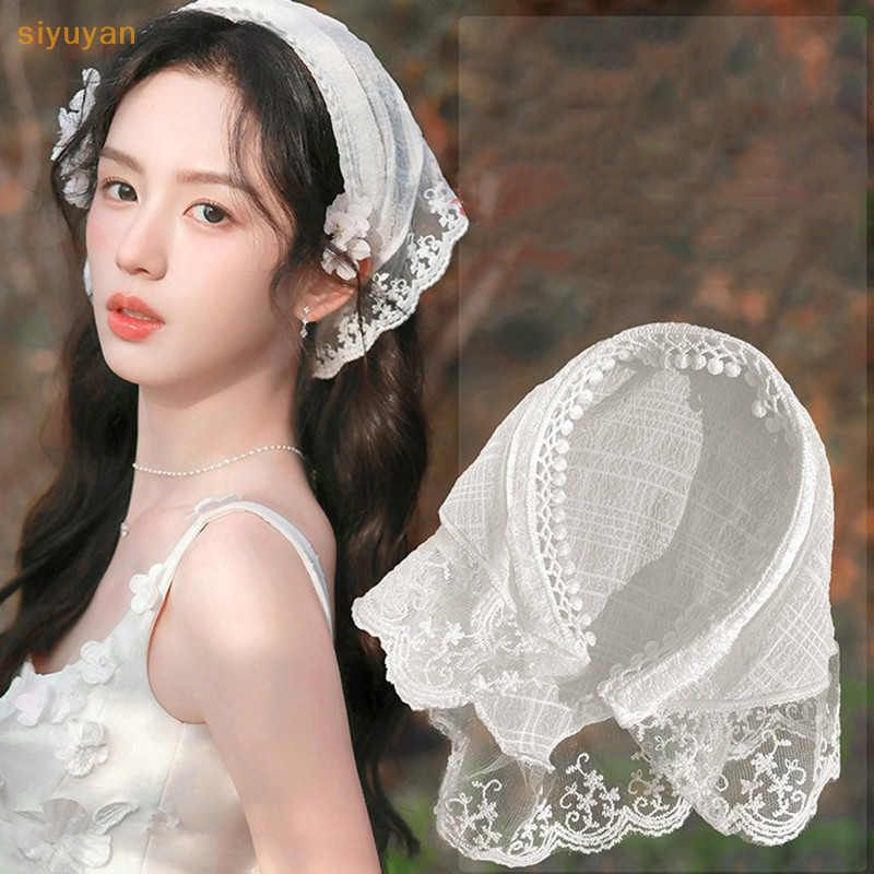 Siyuyan Trắng Ren Khăn Trùm Đầu Phong Cách Mục Vụ Tam Giác Khăn Nữ Retro Khăn Trùm Đầu Du Lịch Ảnh Phụ Kiện Tóc VN