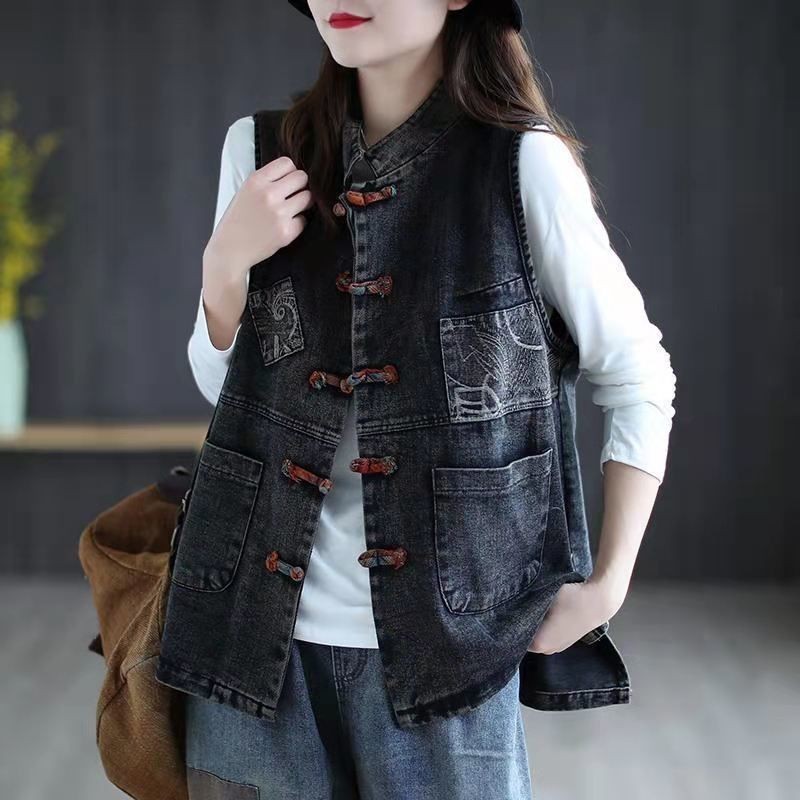 Áo Vest Denim Nữ Plus Size Mới Xuân Thu Mùa Dân Tộc Rời Và Đa Năng