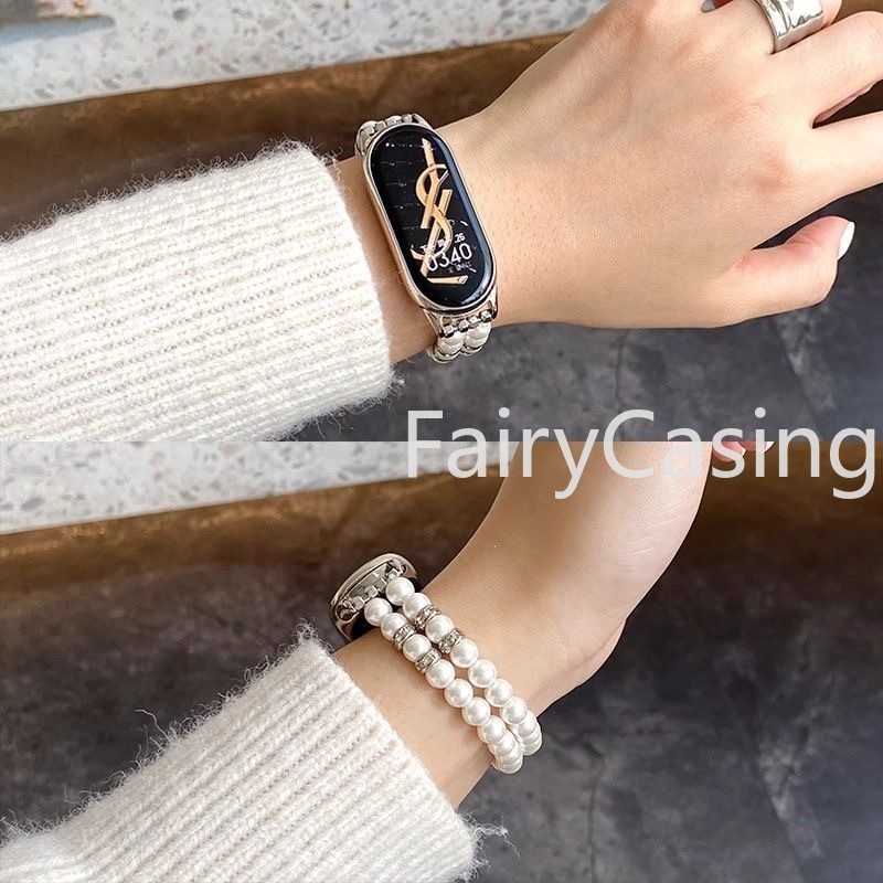 Dây đeo trang sức Thích hợp cho Xiaomi Mi Band 10 9 8 Vòng đeo tay đính cườm ngọc trai cho dây đeo cổ tay nữ đàn hồi MiBand 8