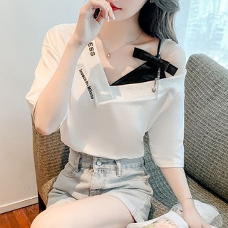 Áo thun ngắn tay quây cổ chéo không đều dành cho nữ 2024 dáng rộng cổ chữ V sang trọng xương đòn thiết kế độc đáo hàng đầu 7.4