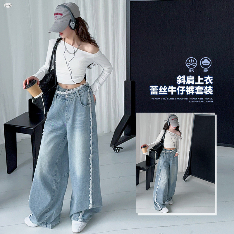 Quần Jean Ren Bé Gái 2025 Phong Cách Mới Xuân Thu Trẻ Em Thời Trang Phù Hợp Với Quần Ống Rộng