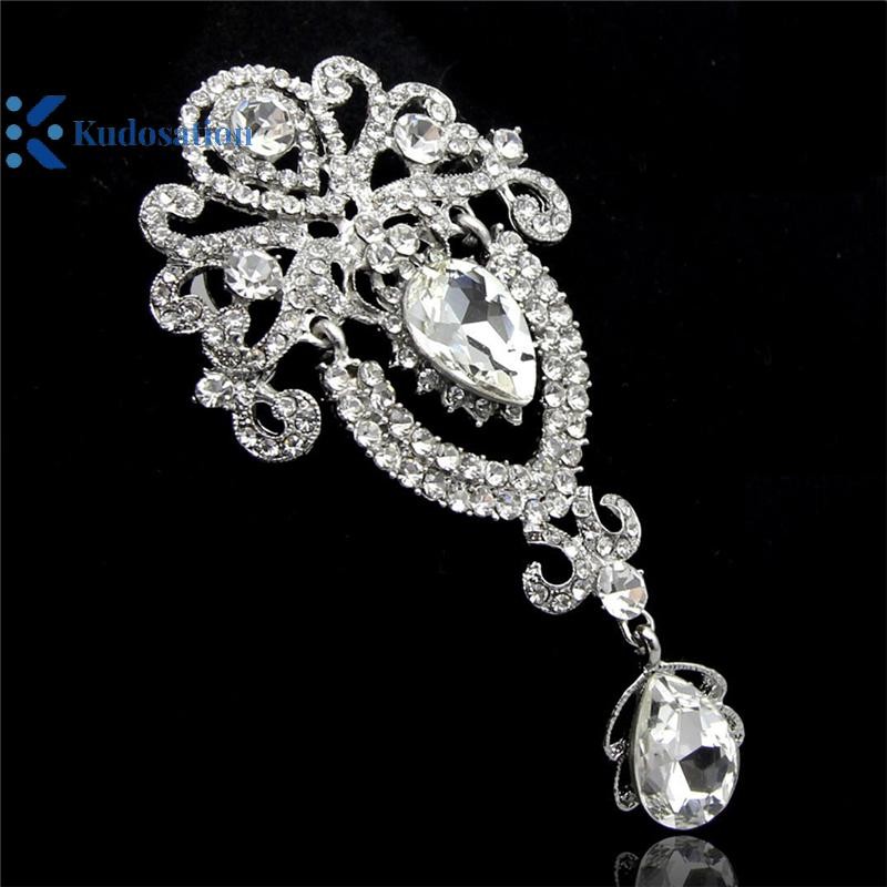Kudosation Bạc Hoa Lớn Cô Dâu Thổ Cẩm Kim Cương Giả Pha Lê Diamante Cưới Thổ Cẩm Pin
