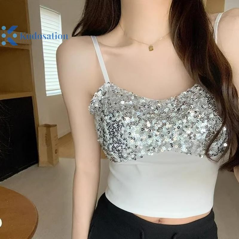Kudosation Mùa Hè Thời Trang Nữ Đính Kim Sa Lấp Lánh Chắp Vá Không Tay Ôm Cami Có Miếng Lót Ngực Đẹp