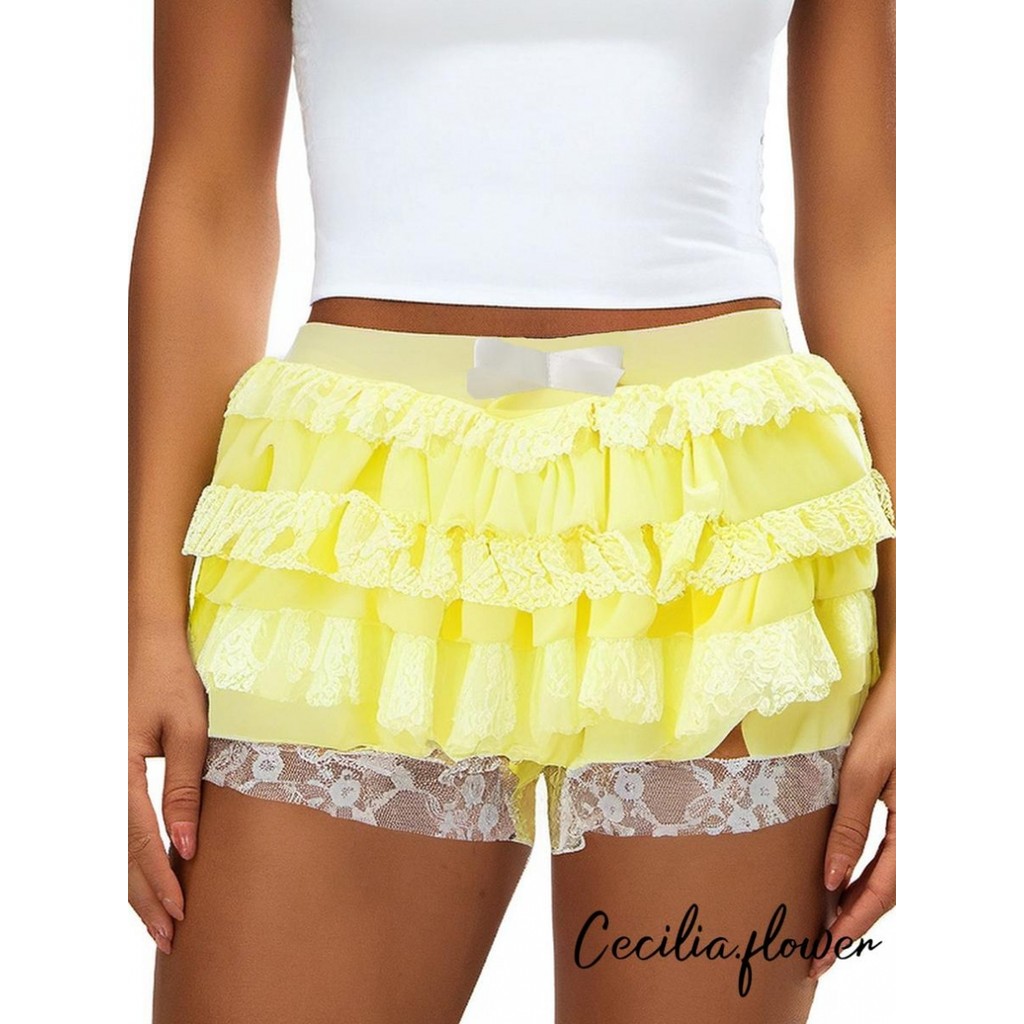 Quần short xếp lớp nữ cạp co giãn, nơ trước, ren màu trơn, quần đi chơi