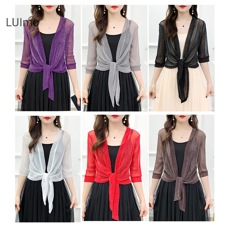 Luimo Áo khoác sành điệu Cardigan nửa tay phía trước Áo khoác buộc dây nữ Áo khoác ngắn mỏng SBS